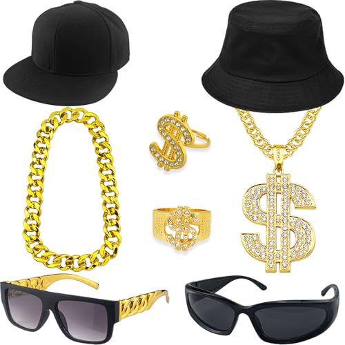 Riuziyi 90s Hip Hop 80s Rapper Costume Dollar Sign Fake Gold Chain Ring 2000s Glasses Hat Rapper Outfit Accessories for Men (Gold,Black)