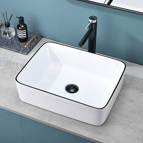 Rectangle White Porcelain Ceramic Bathroom Vessel Vanity Sink Black Trim Rectangular Art Basin by Hotis, Above Counter installation