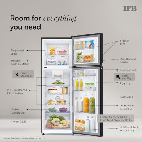 Image of IFB 285L 3 Star 10 in 1 Convertible, Advanced Inverter Frost-Free Double Door Refrigerator with 30 Hrs Cooling Retention, Freezer LED & 4 Year Super Warranty (2026, IFBFF-336CYKSETM, Metal Black)
