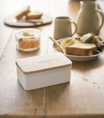 Yamazaki 3098 TOSCA Butter Dish Large, white, Ceramic / Wood, 15.5 x 10 x 7 cm - immagine 3