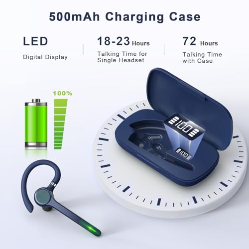 Image of HEIBAS Bluetooth Headset, Wireless Bluetooth Earpiece with 500mAh Charging Case 72 Hours Talking Time Built-in Microphone for iOS Android Cell Phone, Hand-Free Headphones for Trucker, Office-Blue