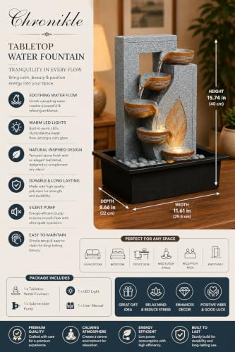 Image of CHRONIKLE Indoor Tabletop Water Fountain with Warm LED Light & Controller Pump | Golden Leaf Designer 4 Diya Step Cascade Polyresin Waterfall Fountain for Home, Meditation Decor | Grey | 40x29.5x22 CM