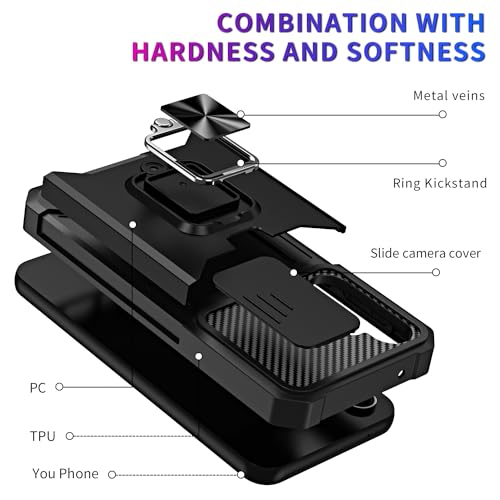 Image of LuxuryKase Shockproof Armor Case for Samsung Galaxy S26 Plus | Slide Camera Cover | Hidden Card Slot | Rotating Ring Kickstand | Magnetic Car Mount Support | Military Grade Protection - Black