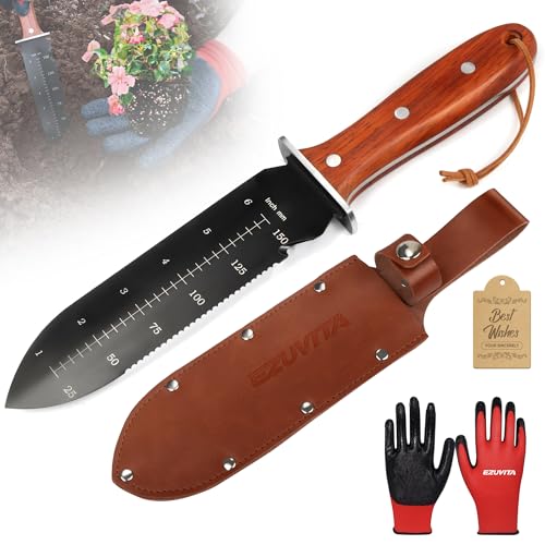 EZUVITA Hori Hori Garden Knife, Gardening Tools with Leather Sheath for Weeding, Gardening, Digging, 7” Stainless Steel Blade with Double Cutting Edge, Full Tang Wood Handle with Hanging Hole