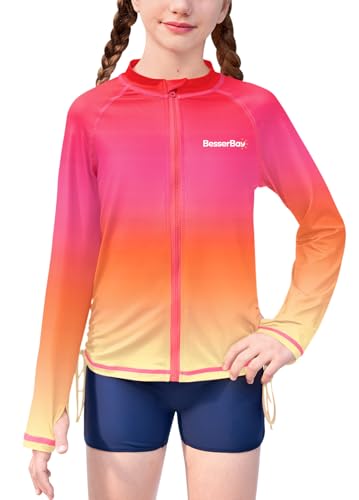 Image of BesserBay Girls Rash Guard UPF 50+ Zip Up Raglan Long Sleeve Adjustable Drawstring Swim UV Jacket 4-14 Years