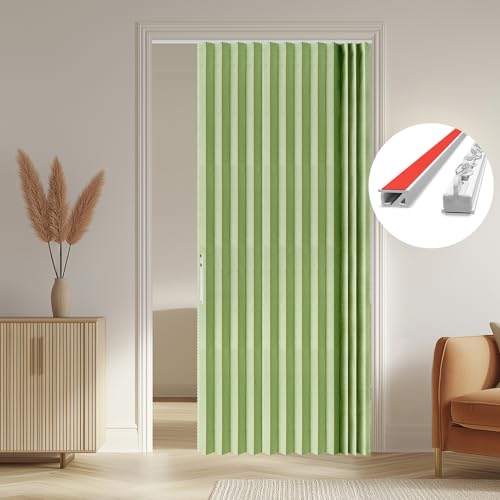 Image of AJAZZ 100% Blackout Accordion Door Accordion Doors Interior Invisible Folding Door Magnetic Door Curtain for Bedroom Living Room Doorway Curtain Sets Included Tracks (1Panel, 53W x 80 L, Green)
