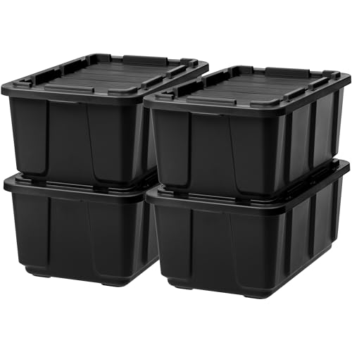 IRIS USA 589090 27 Gallon Utility Tough Stackable Plastic Storage Tote, Black (4 Pack)