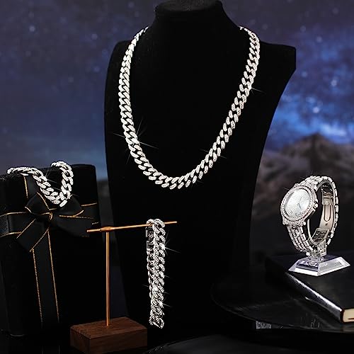 4 Pcs Diamond Watch Cuban Link Chain Men Watch Set Halloween Costumes Bling Rhinestone Necklace Bracelet Jewelry4