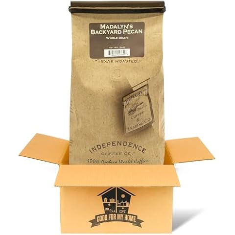 Light Roast Whole Bean Coffee Bundle. Includes One-24 Oz Bag of Independencee Coffee Backyard Pecan Flavored Roasted Coffee Beans Blend. Comes With a Good For My Home Box! Cover