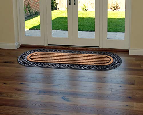 Image of Onlymat Long Oval Entry Rug, Rubber and Coir Doormat with Non-Slip PVC Backing, Natural Coco Coir Large Front Door Mat with Design Border, Mat for Indoor-Outdoor Use, Brown & Black, 39 inch x17.72 inch