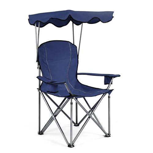 Portable Folding Beach Chair with Canopy Two Cup Holders Carry Bag Camping Chair Steel Tube 600D PVC Support 130kg (Blue)