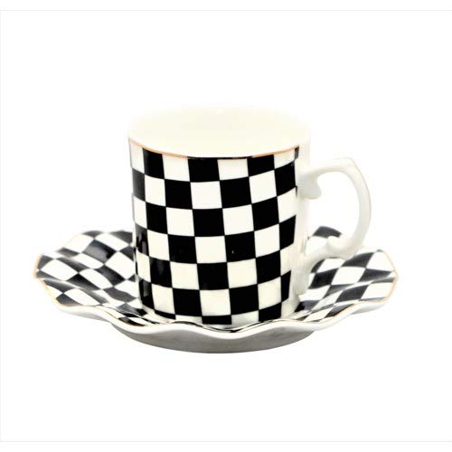 Porcelain China Espresso or Turkish Coffee Demitasse Set of 6 Delicate Cups and Saucers (Classic Checkered Flag)