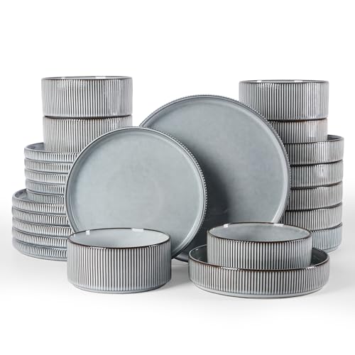 Image of Famiware Star 24-Piece Stoneware Dinnerware Sets, Service for 6 - Shallow Pasta Bowls & Flat Plates, Modern Rustic Reactive Glaze Dishes, Chip/Scratch Resistant, Microwave/Dishwasher Safe, Smoky Blue
