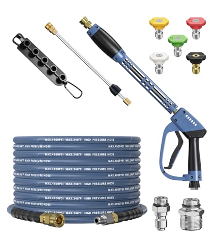 HiPrewaPro Pressure Washer Gun and Hose Kit 4800PSI Steel-Braided & Durable - Flexible & Kink-Resistant Power Washer Hose 25 FT with 3/8 Swivel Quick Connector and M22 14mm Adapters Replacement
