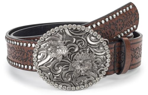 Western-Cowboy-Cowgirl-Belt for Women - Floral Rhinestone Buckle Boho-PU-Leather-Belt for Jeans Pants 28