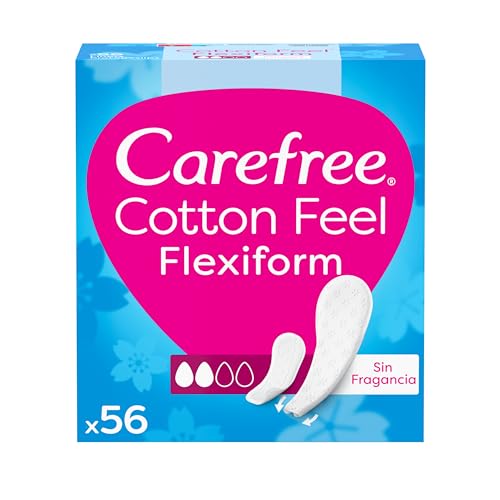 Carefree Cotton Feel Flexiform Protegeslips Sin Fragancia (56 unidades), protegeslips de absorbencia normal y transpirables de uso diario sin fragancia, protege slips para todo tipo de braguitas