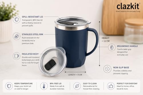 Image of Clazkit Travel Leak Proof Coffee Mug | Stainless Steel Coffee Tumbler | Spill-Proof Lid | Hot & Cold Vacuum Mug for Office, Travel & Car- 400ml - Dark Blue