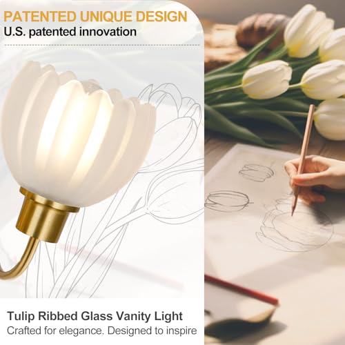 Image of 4-Light Bathroom Light Fixtures, 27 inch Brushed Gold Vanity Lights for Bathroom with Ribbed Frosted Clear Tulip Glass Shade, Vintage Bathroom Vanity Lighting Fixtures Over Mirror for Living Room Hallway