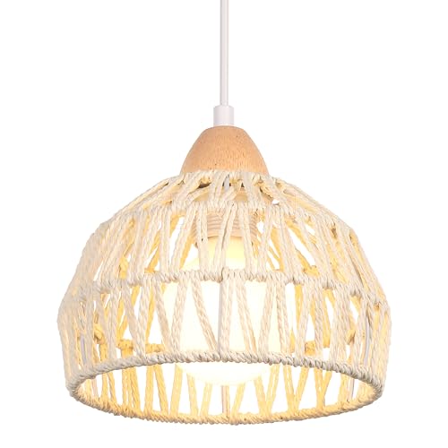iDEGU Lampadario a Sospensione Retrò 20CM Lampada da Soffitto in Legna Rattan Moderna Lampada a Sospensione Stile Scandinavo a Semicerchio Plafoniera per Soggiorno Sala da Pranzo Cameretta (Bianco)