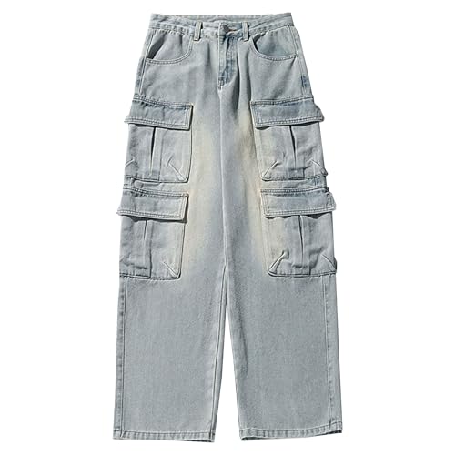 Baggy Cargo Pants for Men Loose Fit Casual Trendy Hip Hop Streetwear 90s Wide Leg Denim Pants with Flap Pockets