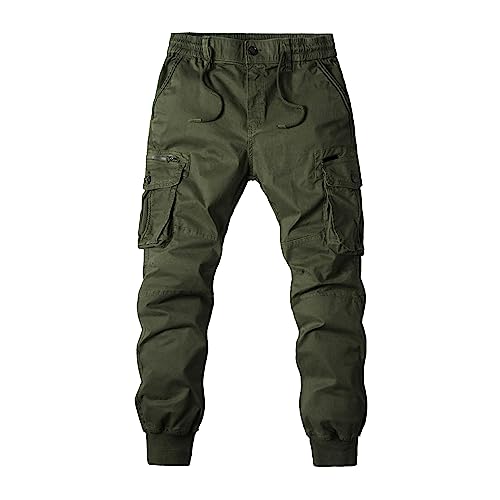 Mens Fashion Drawstring Joggers Pants Outdoor Casual Hiking Athletic Cargo Trousers Side Flap Pockets (Army Green,30)