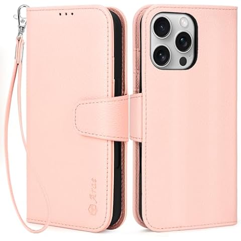 Arae Compatible with iPhone 16 Pro Case Wallet with Card Holder,Wristlet Strap Wallet Flip Cover for iPhone 16 Pro 6.3 inch Men/Women, RFID Blocking, Kickstand, Litchi Pink Cover
