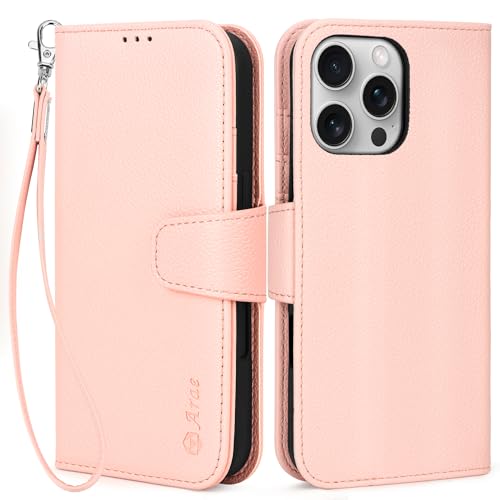 Arae Compatible with iPhone 16 Pro Case Wallet with Card Holder,Wristlet Strap Wallet Flip Cover for iPhone 16 Pro 6.3 inch Men/Women, RFID Blocking, Kickstand, Litchi Pink