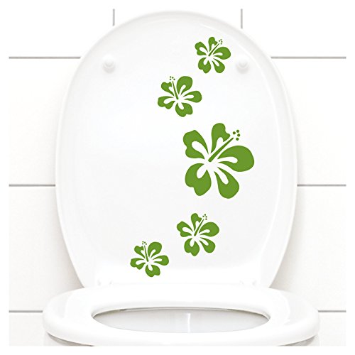 Grandora W916 Lot de 5 autocollants pour couvercle de toilette Motif fleurs d'hibiscus jaune-vert Cover