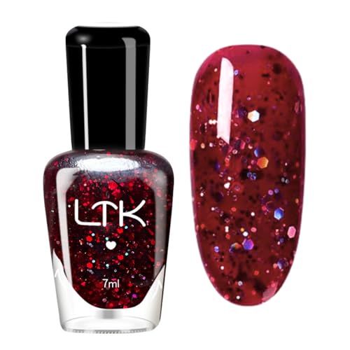 Glitter Nail Polish - Dark Red Nail Polish - Quick Dry Burgundy nail polish No UV Lamp Needed - Long Lasting Holographic Nail Varnish - Shimmer Wine Red Nail Varnish For Women Christmas New Year DIY