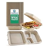 Fonteme Clamshell - Recipientes de comida para llevar (8 x 8 pulgadas, paquete de 50 unidades), recipientes para preparación de comidas con 3 compartimentos, 100 % compostables, aptos para microondas