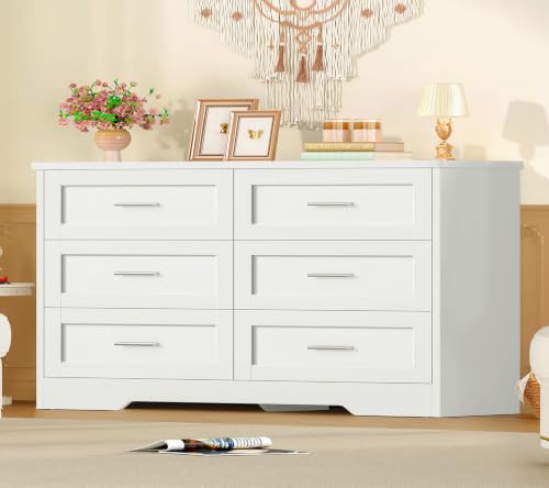 Image of TEENFON 42.1 inchW White Dresser for Bedroom, Modern 6 Drawer Dresser with Metal Handles, Wood Dressers & Chest of Drawers, Wooden Closet Clothes Storage Organizer for Bedroom, Living Room, White