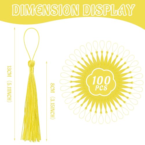 Image of 100 Pcs Bookmark Tassels Bulk Yellow Soft Craft Silky Handmade Mini Tassels for Jewelry Making with Loops for DIY Craft Accessory Dress Decoration