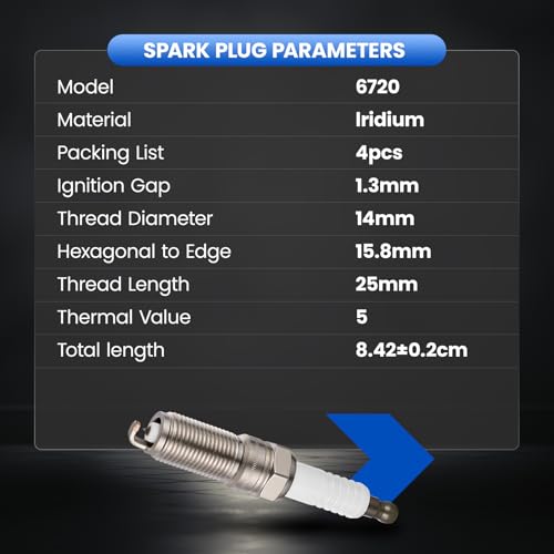 Image of 6720 Iridium Spark Plugs 4 Pack - Compatible with Chrysler Town & Country Voyager Pacifica 2001-2010, Compatible with Dodge Caravan Grand Caravan 2001-2010, Wrangler Routan, 3.3L 3.8L V6 Engine