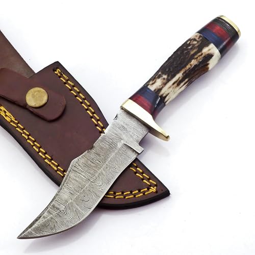 BLAYDZ Damascus Steel Deer Hunting Knife with Clip Point Stag Horn Handle - 8" Overall Length Hunting Knife with Clip Point blade with Leather Sheath (9060)