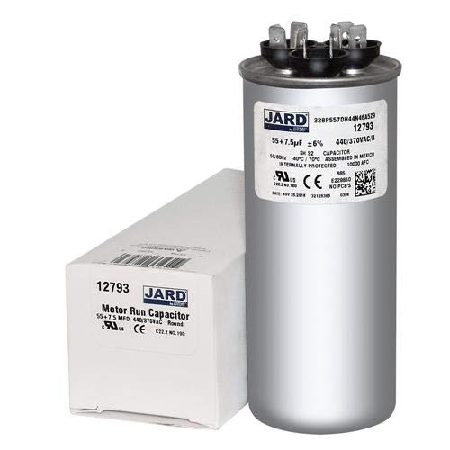55 + 7.5 x 370 or 440 VAC Round Dual Run Capacitor by JARD # 12793