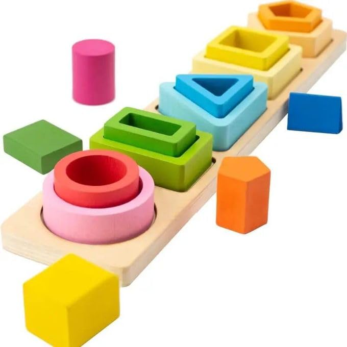 Image of SHINETOY 5-in-1 Shapes Stacker Wooden Building Blocks | Montessori Sorting & Stacking Toy for 1-3 Year Olds | Educational Color & Shape Learning Gift