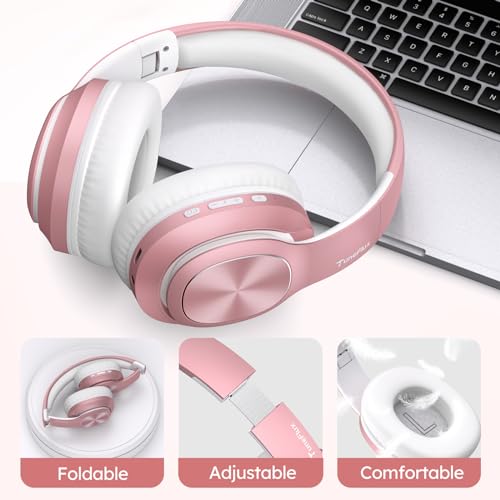 Image of TuneFlux T6 Bluetooth Over Ear Headphones, 80 Hours Battery Life, 3 EQ Modes, HiFi Stereo, Built-in Microphone, Foldable, Pink Gold