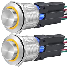UL Listed 22mm Push Button Switch Momentary High Round Waterproof IP67 On Off Stainless Steel with 12-24V LED for 7/8" with Wire 2 Pcs Yellow, Momentary,12V