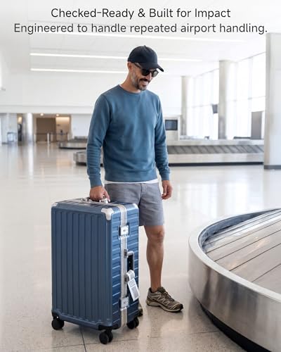 Image of Checked Luggage with Spinner Wheels, 8010S Aluminum Frame Zipperless Polycarbonate Hard Shell Suitcase (ZX-Core, Blue, 24 Inch)