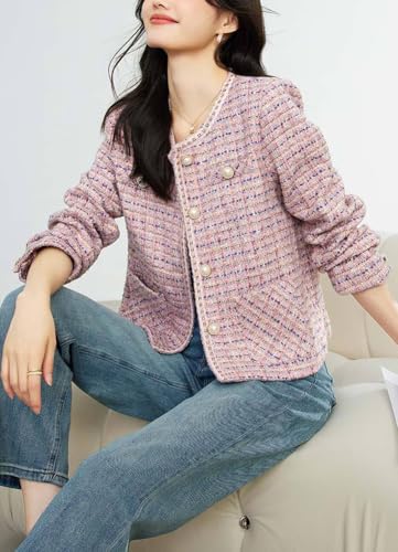chouyatou Women's Fall Casual Button Down Tweed Jacket Collarless Office Work Cropped Blazer Coat4