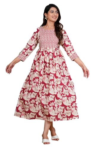 Image of Monique Brand Women's /Girls Cotton Kurta for Women Floral Printed Regular Fit Anarkali Kurta ||Floral Flared Western Dress