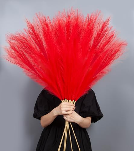 MUUNC 9 Pcs 45 Tall Pampas Grass Red Decor Long Stem Artificial Flower Floor Vase Large Faux Floral Pompas Fake Plants Dried Bouquet Arrangement Vase Filler for Boho Home Wedding Decoration
