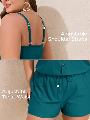Image of Summer Mae Plus Size Swim Romper One Piece Swimsuit Women Blouson Bathing Suit with Pockets 2026 Modest Swimwear Teal 20 Plus