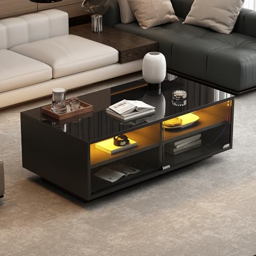 VIEKOS Mesa de centro LED brillante de 94 x 50 x 34 cm, color negro, mesa de sofá de cristal templado con 2 cajones, mesa de almacenamiento con puerta de vitrina para el salón, la capacidad de carga