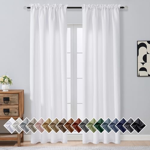 Image of Pure White Blackout Curtains for Bedroom 90 Inch Length 2 Panels, Solid Thermal Insulated Soft Fabric Privacy Curtains, Modern Window Treatments Dual Rod Pocket Drapes, 2x40Wx90L Inches