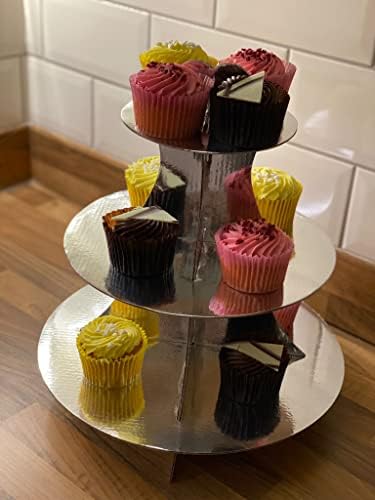 3 Tier Christmas Xmas Party Cardboard Fairy Cup Cake Cupcake Muffin Stand Dessert Holder King Charles Coronation Street Party (Silver)