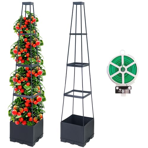2 Packs 144CM raised beds for garden planter with trellis self watering tomato planters with Trapezoidal Trellis for Climbing Plants Tomato Pot Flowers Vegetable Planters Outdoor Planter Box(57)