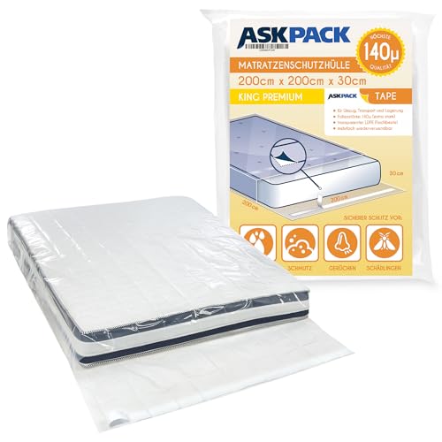 haggiy Matratzenhülle - Aufbewahrungshülle für 160 cm breite Matratzen - geruchsneutral und reißfest 5 ASK Pack Premium Matratzenschutzhülle King für bis zu 200cm breite / 30cm hohe / 220cm Lange Matratze - mit vielfach wiederverwendbarem KLEBEVERSCHLUSS - Ultra stark 120µ