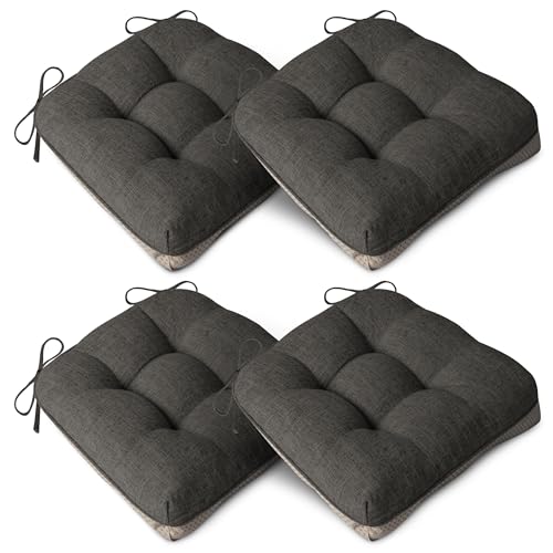 AddGrace Extra Thick Chair Cushions for Dining Chairs Set of 4 Non-slip Kitchen Chair Pads Soft Dining Room Seat Cushion with Ties 16 x 16 x 4 / 40cm x 40cm x 10cm Dark Grey