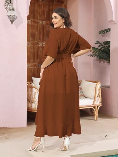 Image of SCOMCHIC SCOMHIC Plus Size Summer Dress Maxi Dress V Neck Wrap Belted Short Sleeve Dress Ruffle Flowy Cocktail Party Cocktail Dress Rust